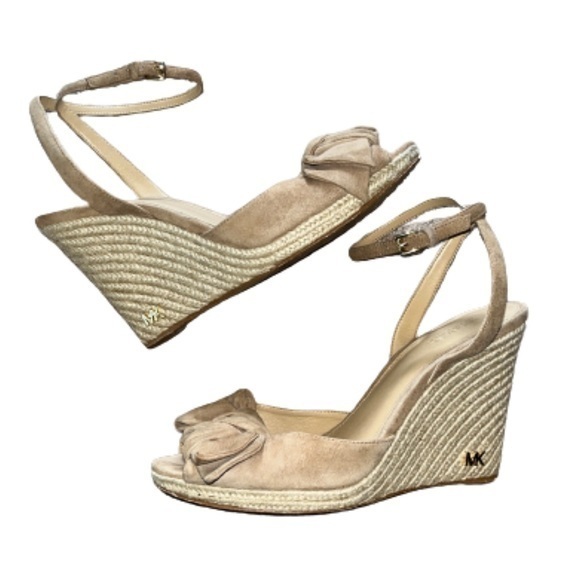 Michael Kors tan suede leather bow peep toe espadrille wedge heels size 8 - Picture 1 of 7
